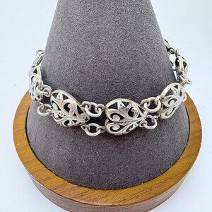 Sterling Silver 925 Scroll Heart Chain Bracelet Spring Ring Size 7.25" Length